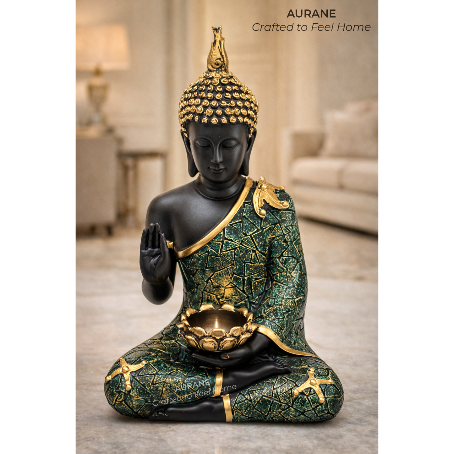Buddha Textured Robe Tealight Holder Table Decor - GREEN