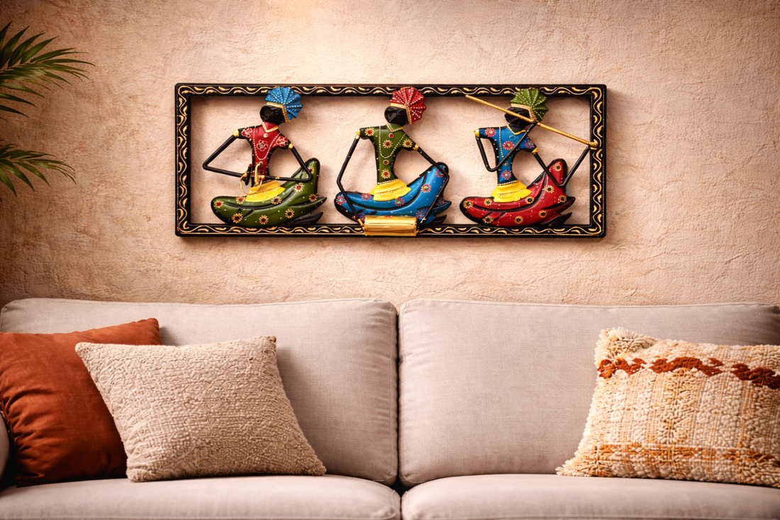 handcrafted tribal musician metal wall art for Indian living room decor