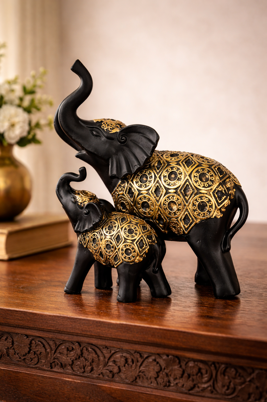 black and gold elephant figurines symbolizing prosperity and harmony for Indian home decor