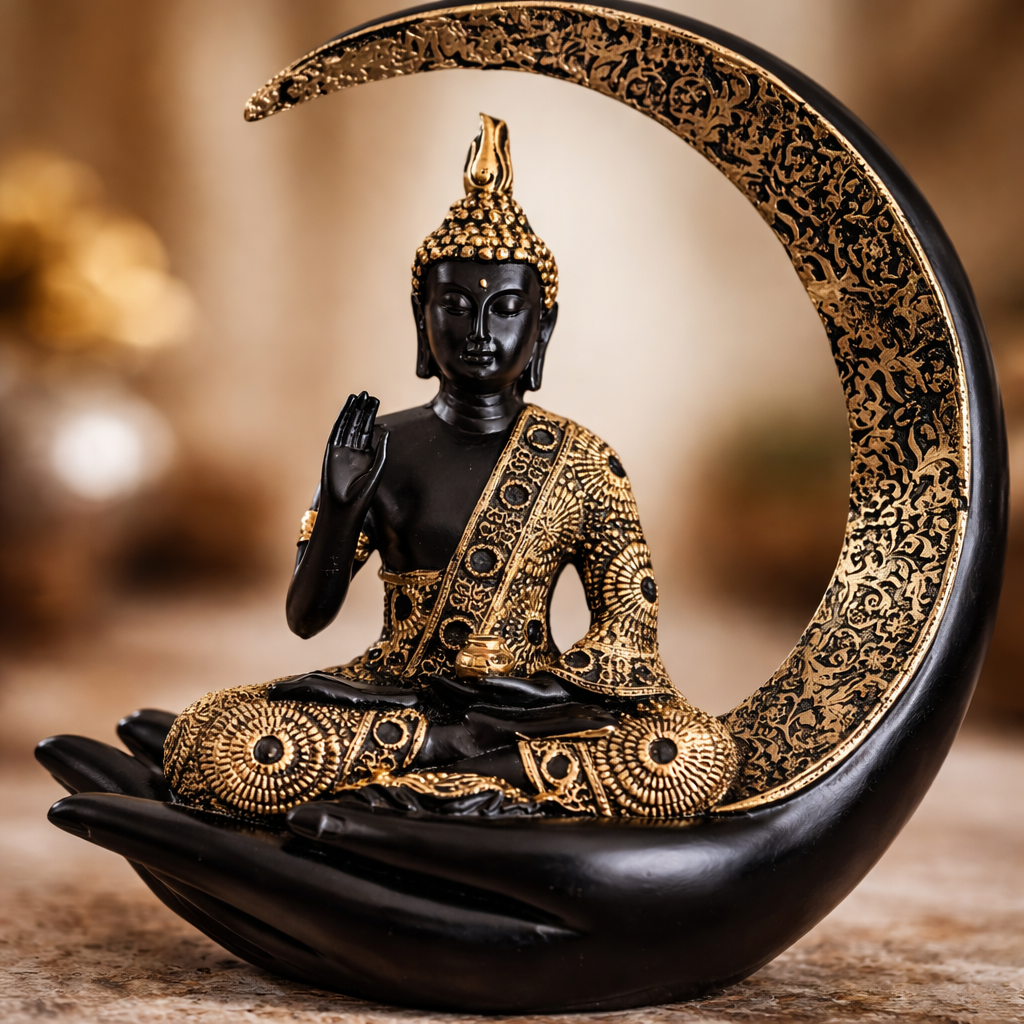 black and gold Buddha statue table decor for living room