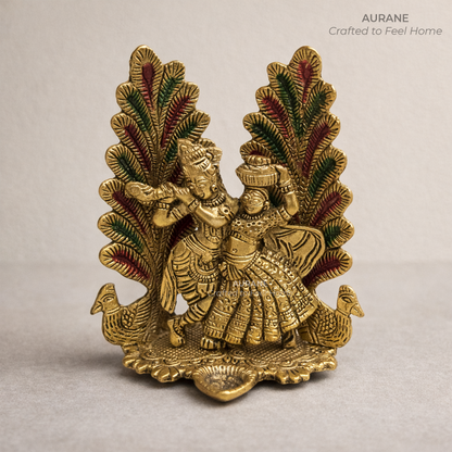 Metal Radha Krishna Table Decor with Peacock Backdrop