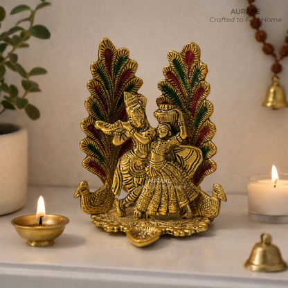 Metal Radha Krishna Table Decor with Peacock Backdrop