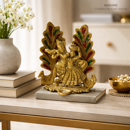 Metal Radha Krishna Table Decor with Peacock Backdrop