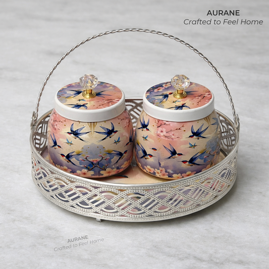 Printed Nuts Jar Set with Round Metal Tray