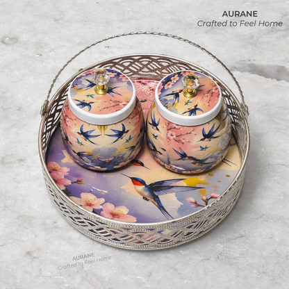 Printed Nuts Jar Set with Round Metal Tray
