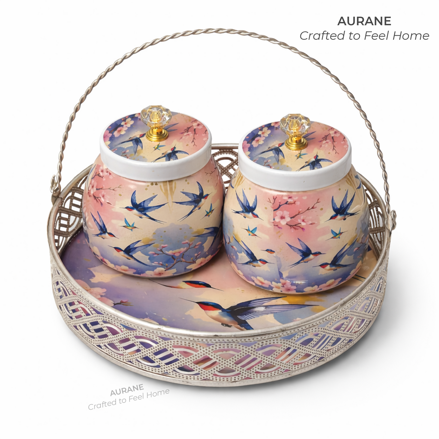 Printed Nuts Jar Set with Round Metal Tray