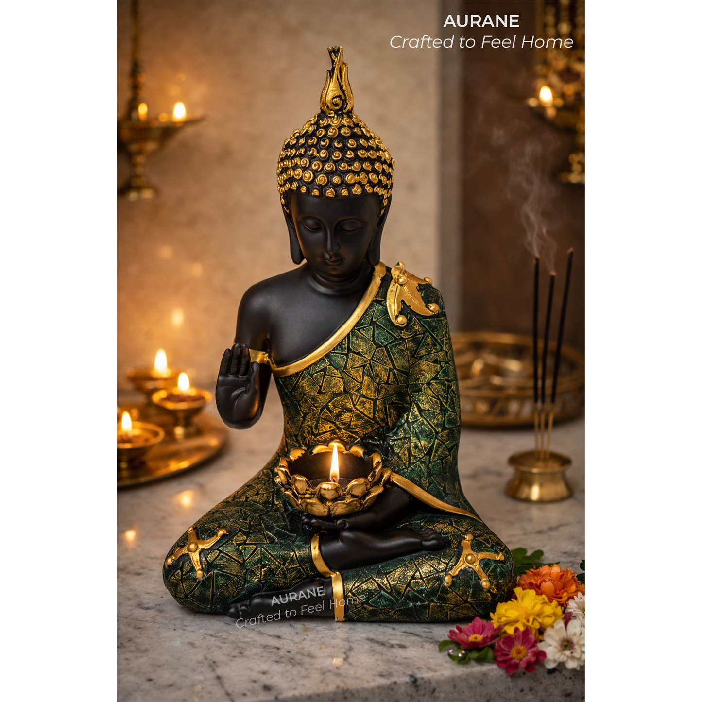 Buddha Textured Robe Tealight Holder Table Decor - GREEN