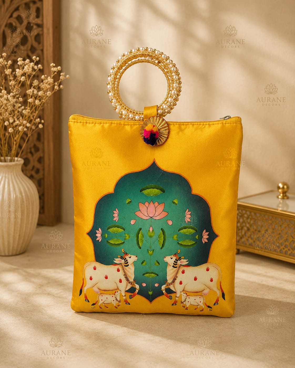 Satin Pichwai Potli with Pearl Handle premium return gift