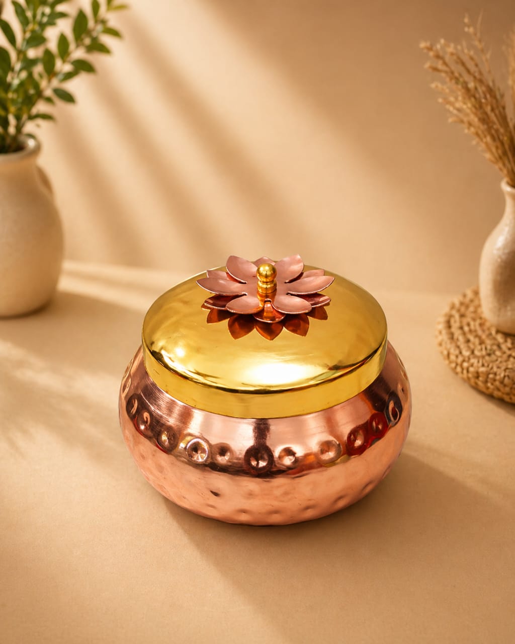Hammered Copper Matki with Brass Lotus Lid premium return gift