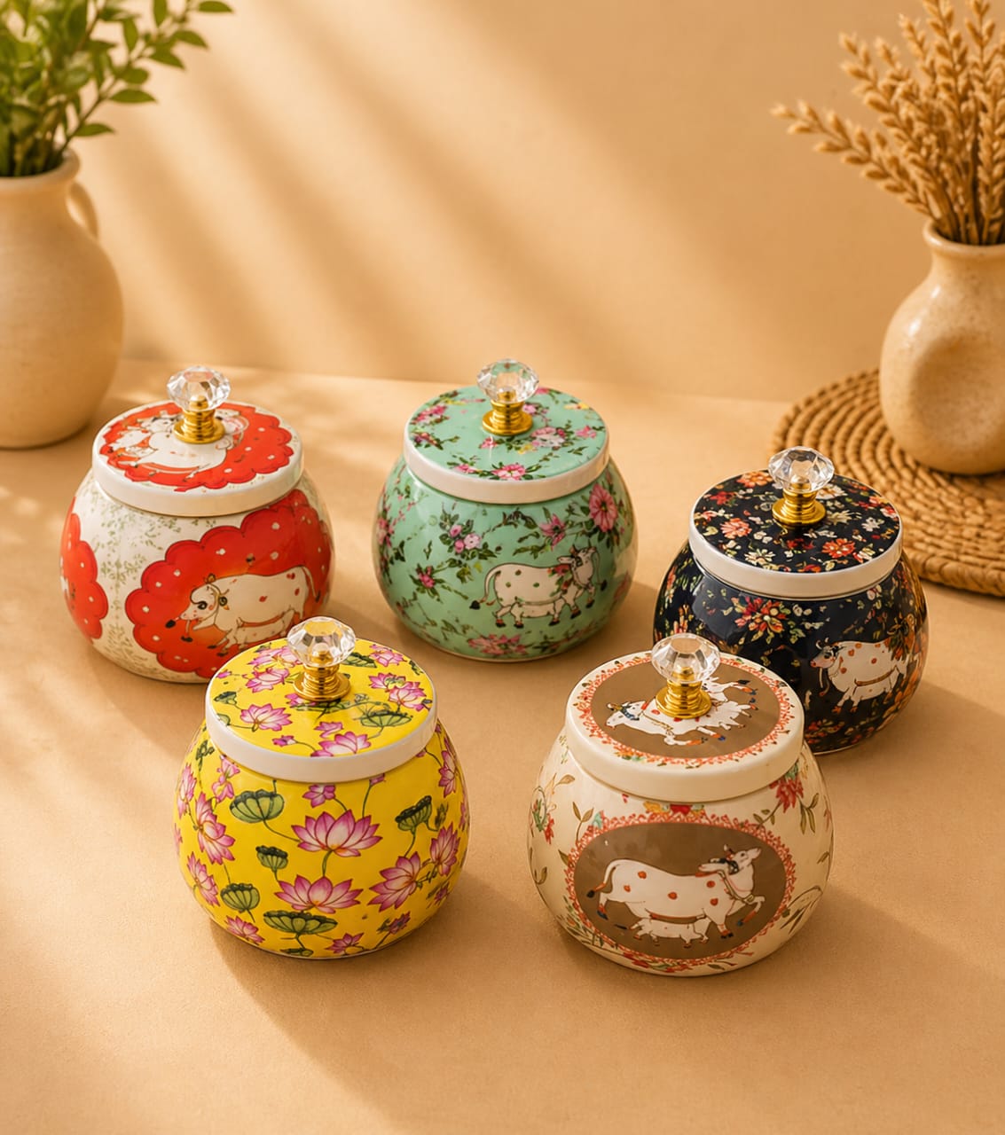 Pichwai Kamadhenu Jar with Crystal Knob premium return gift